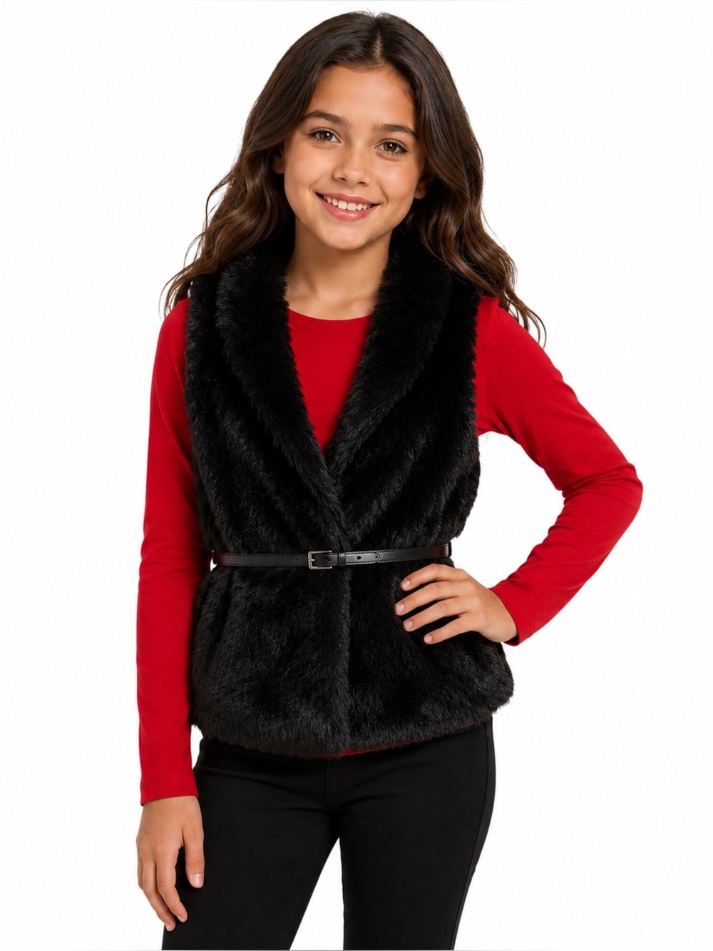 FADED GLORY Girls 3 Pc Faux Fur Vest Set Red Top Black Belt Size L 10/12